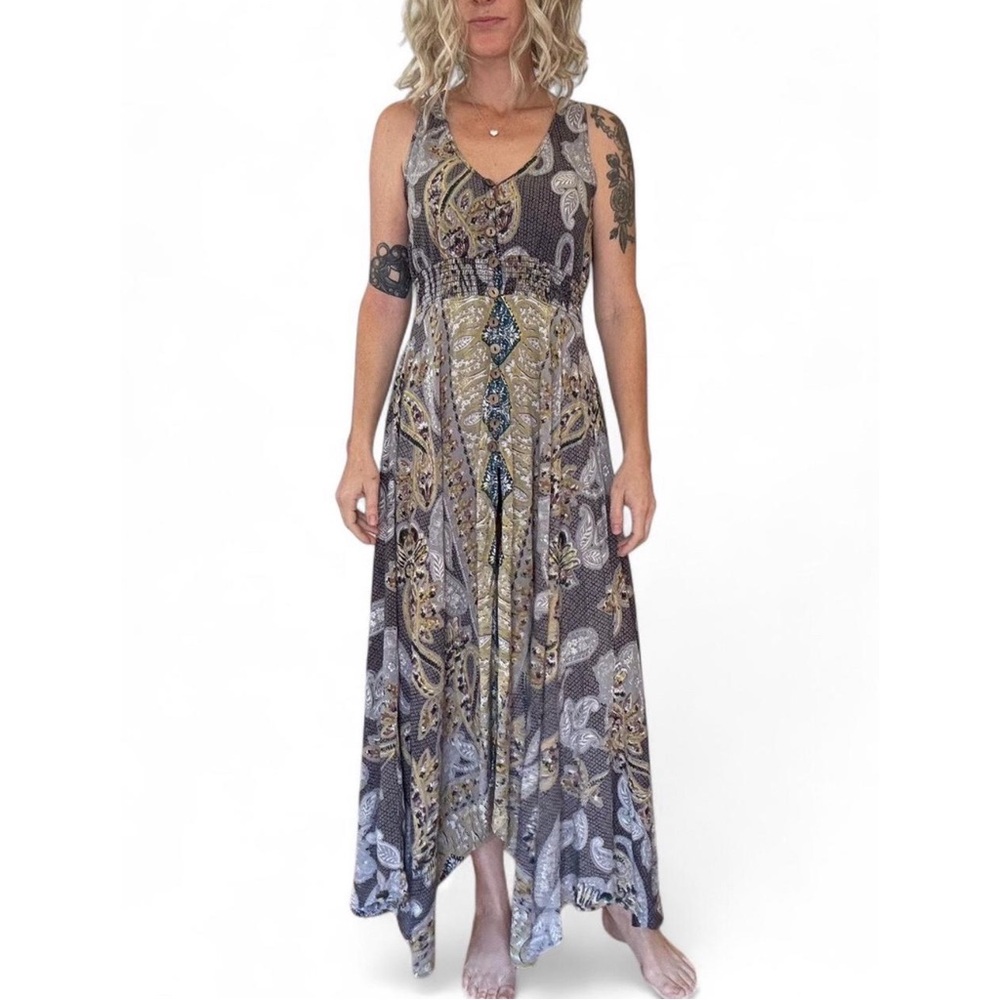 Nostalgia Maxi Dress Small Scarf Print Asymmetrical Boho Paisley Buttons